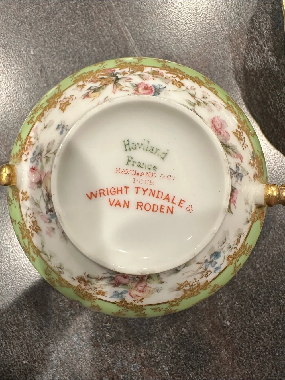 Haviland Porcelain Two-Handled Soup Cup and Saucer in Green, Pink and Gold